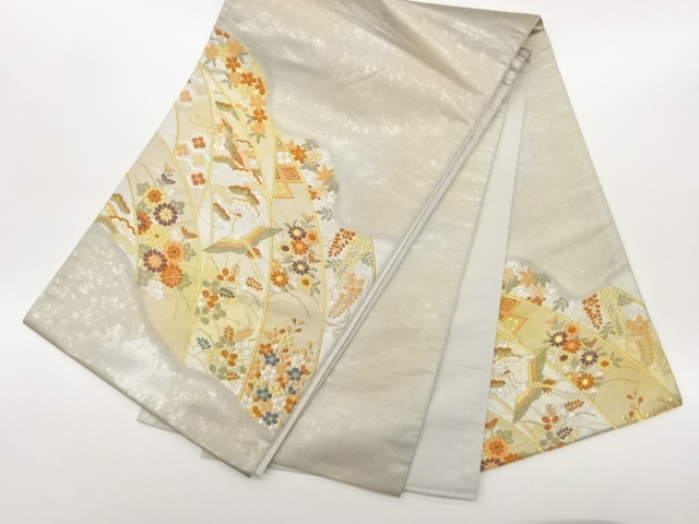  鶴に草花・菱・亀甲模様織出し袋帯